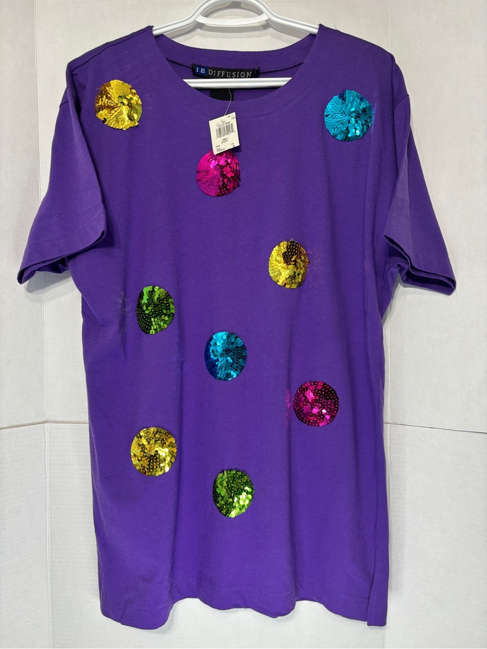 Vintage I.B. Diffusion Purple Short-Sleeve Sequin Dot Cotton T-shirt Funky Top